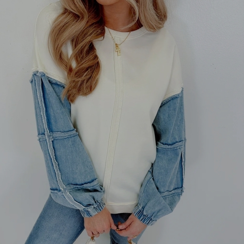 Womens Cream Denim Crewneck Sweater - Picture 5 of 5